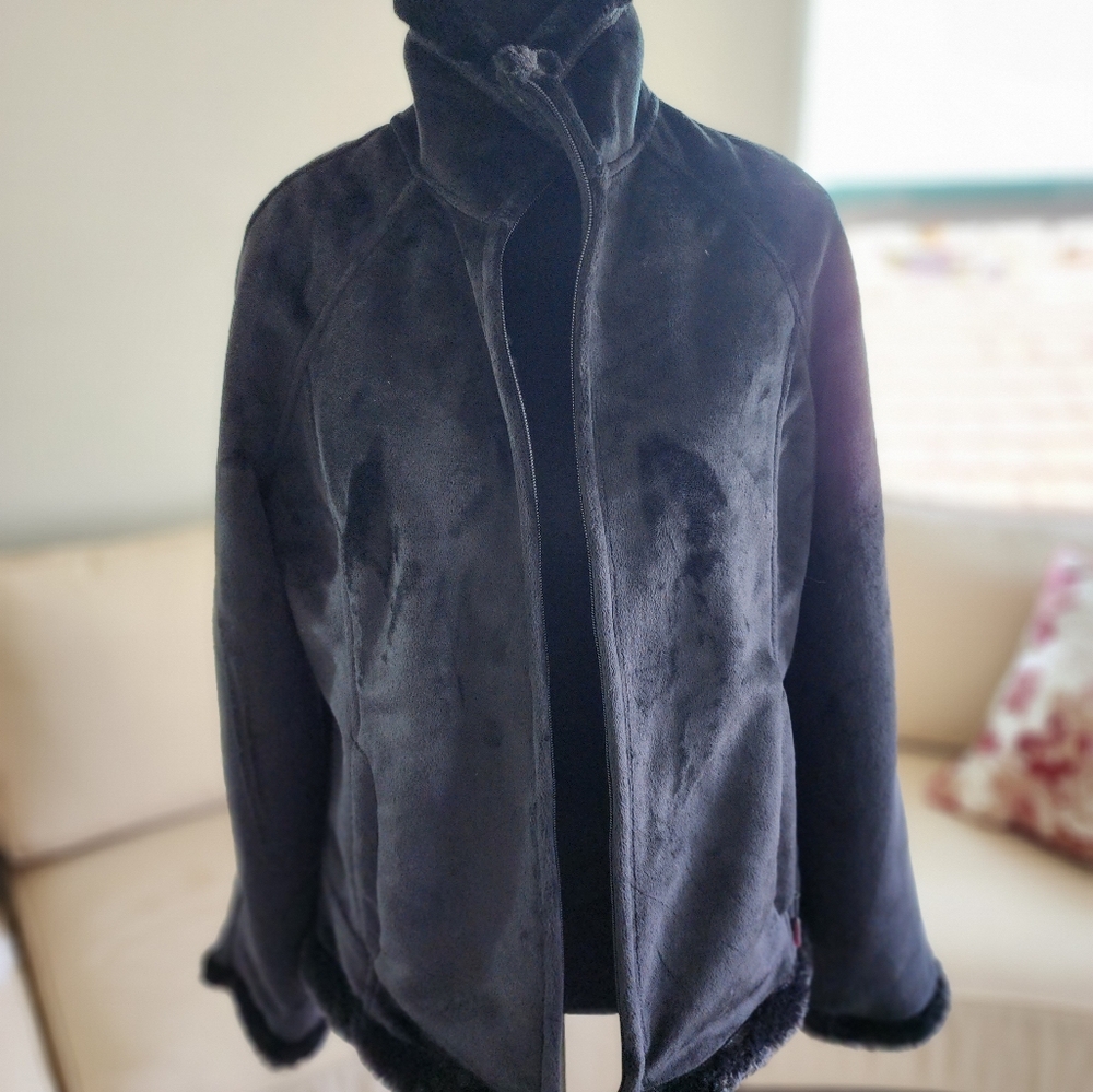 Green Tea Women's Jacket Black Plush Faux Fur Lined Jacket Size M